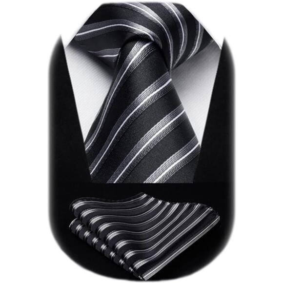 Stripe Tie Mens Ties with Pocket Square Set Classic 3.4'' Silk Formal Necktie - Picture 7 of 7